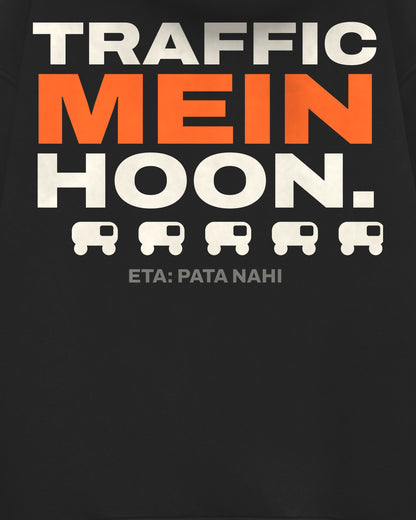 Black oversized hoodie, close-up of the Traffic Mein Hoon back print – digital mockup