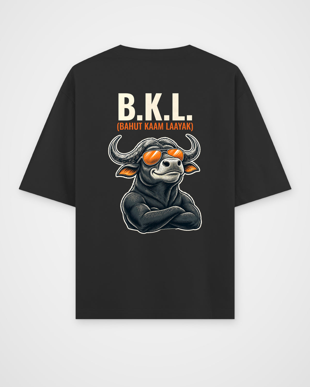 Black oversized t-shirt, full back view with the B.K.L. Bahut Kaam Laayak caricature print