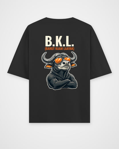 Black oversized t-shirt, full back view with the B.K.L. Bahut Kaam Laayak caricature print