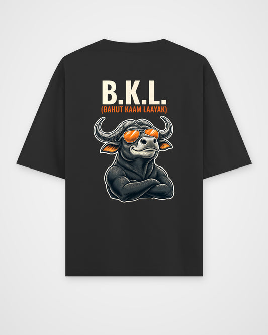 Black oversized t-shirt, full back view with the B.K.L. Bahut Kaam Laayak caricature print