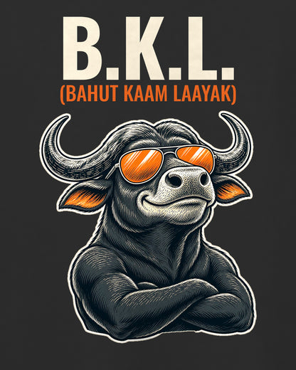 Black oversized t-shirt, close-up of the B.K.L. Bahut Kaam Laayak caricature artwork