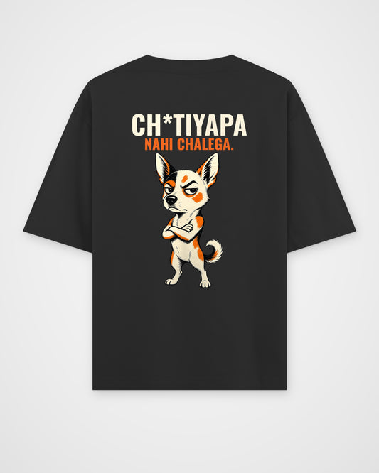 Black oversized t-shirt, full back view with the CH*TIYAPA NAHI CHALEGA caricature print