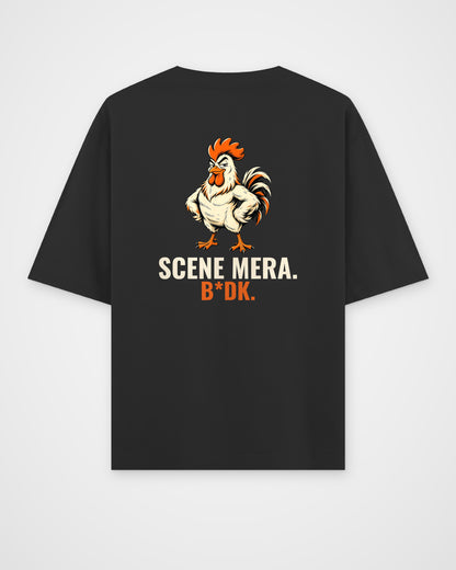 Black oversized t-shirt, full back view with the SCENE MERA. B*DK. caricature print