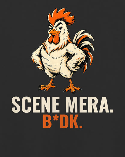 Black oversized t-shirt, close-up of the SCENE MERA. B*DK. caricature artwork