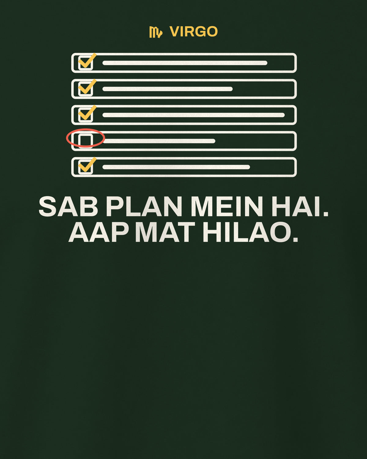 Bottle green regular fit t-shirt, close-up of the Virgo Zodiac Checklist back print – digital mockup
