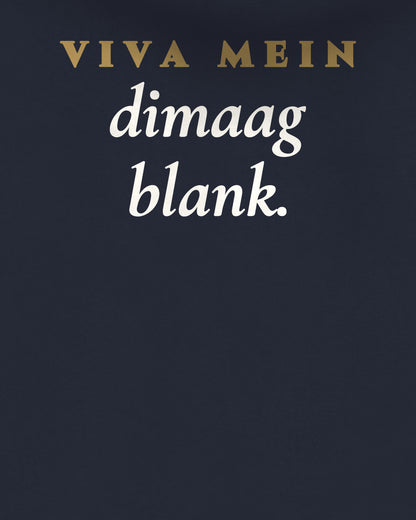 Navy Blue oversized hoodie, close-up of the back print reading Viva mein dimaag blank – digital mockup