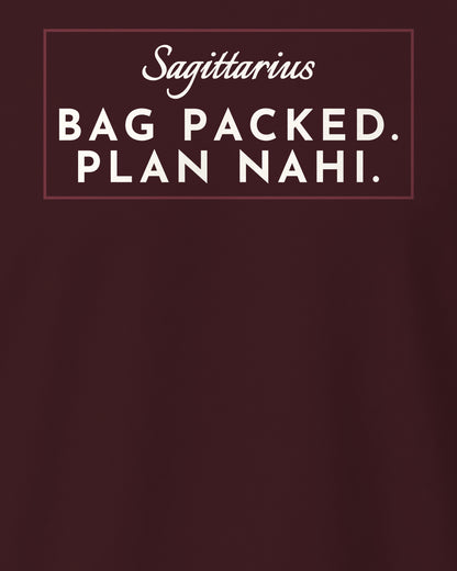 Maroon regular fit t-shirt, close-up of the back print reading Sagittarius: Bag packed. Plan nahi – digital mockup