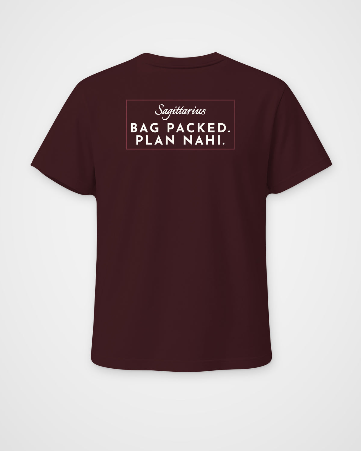 Maroon regular fit t-shirt, back view with one large print – digital mockup