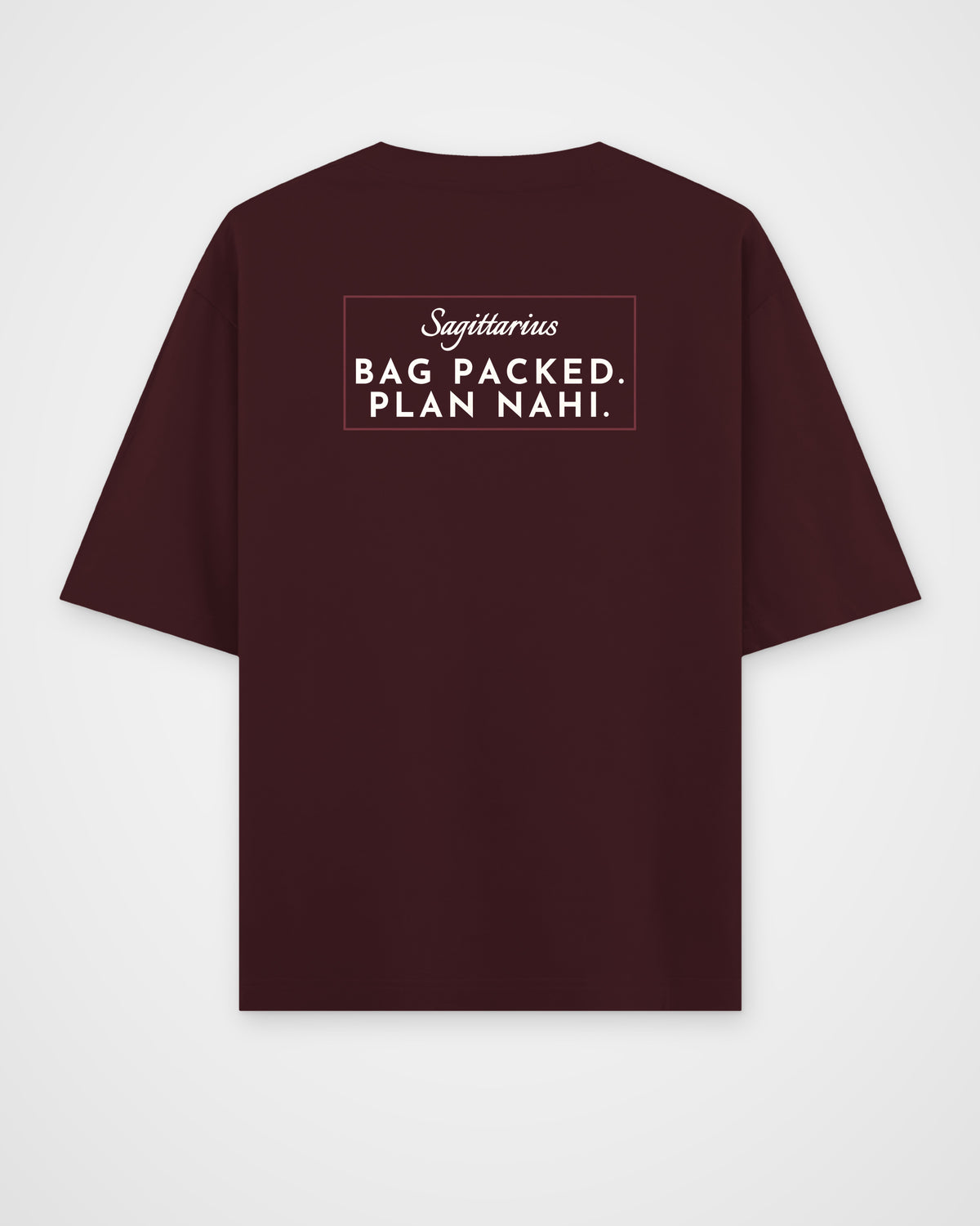 Maroon oversized t-shirt, back view with one large print – digital mockup