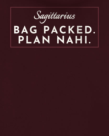 Maroon oversized hoodie, close-up of the back print reading Sagittarius: Bag packed. Plan nahi – digital mockup
