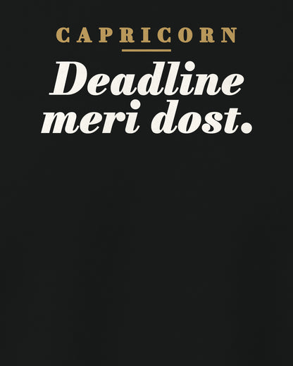 Black regular fit t-shirt, close-up of the back print reading Capricorn: Deadline meri dost – digital mockup