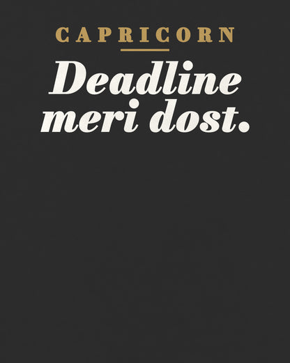 Black oversized t-shirt, close-up of the back print reading Capricorn: Deadline meri dost – digital mockup