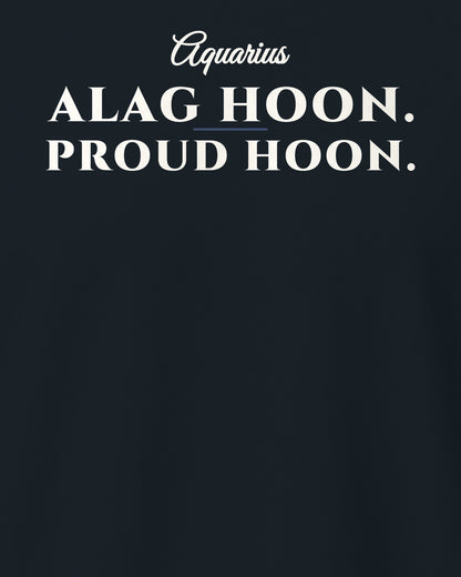 Navy Blue regular fit t-shirt, close-up of the back print reading Aquarius: Alag hoon. Proud hoon – digital mockup