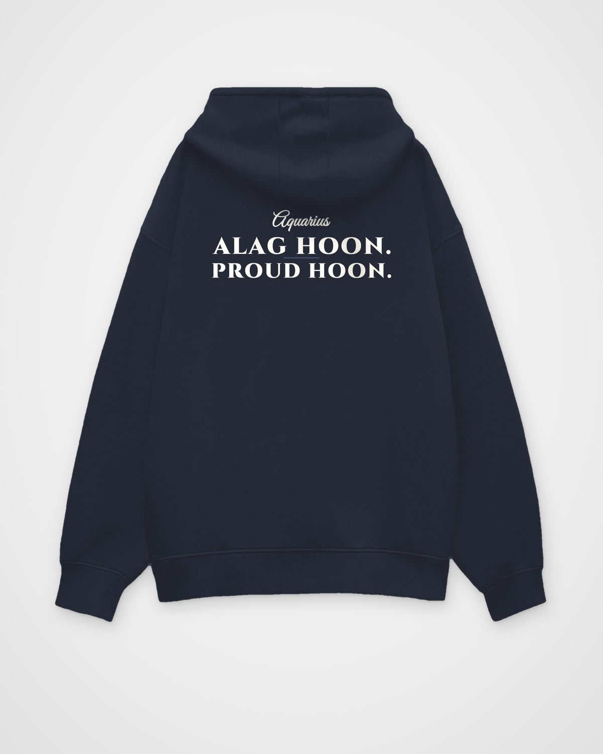 Navy Blue oversized hoodie, back view with one large print – digital mockup