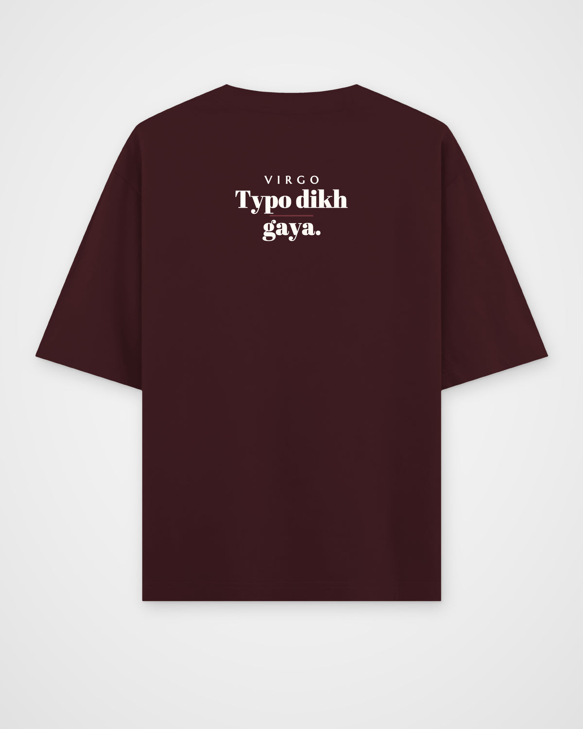 Maroon oversized t-shirt, back view with one large print – digital mockup