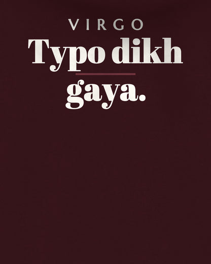 Maroon oversized hoodie, close-up of the back print reading Virgo: Typo dikh gaya – digital mockup