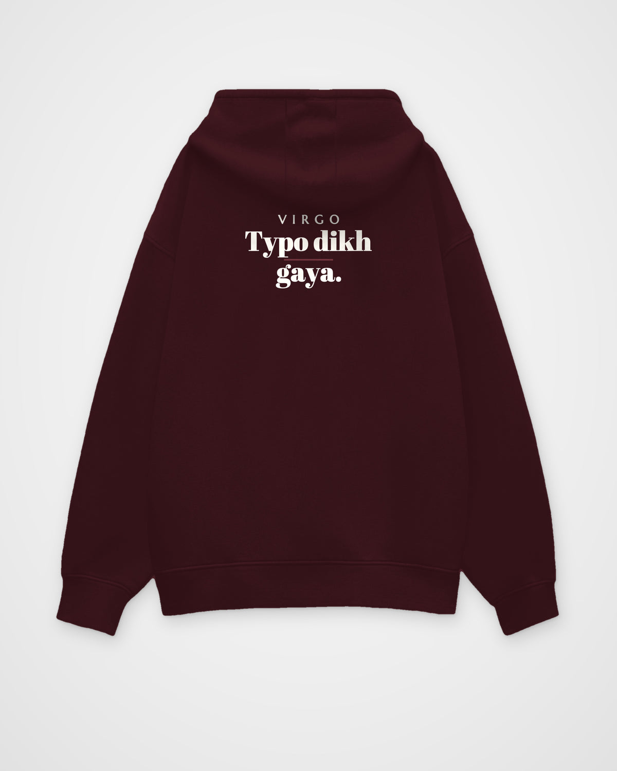 Maroon oversized hoodie, back view with one large print – digital mockup