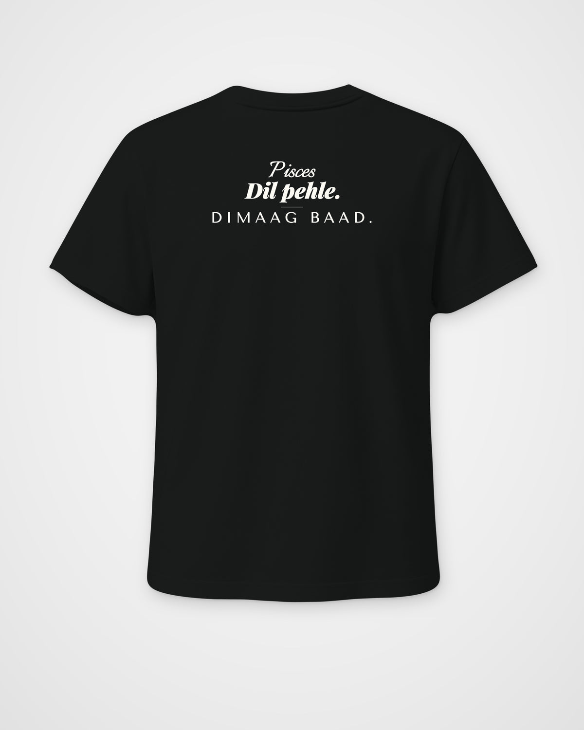 Black regular fit t-shirt, back view with one large print – digital mockup