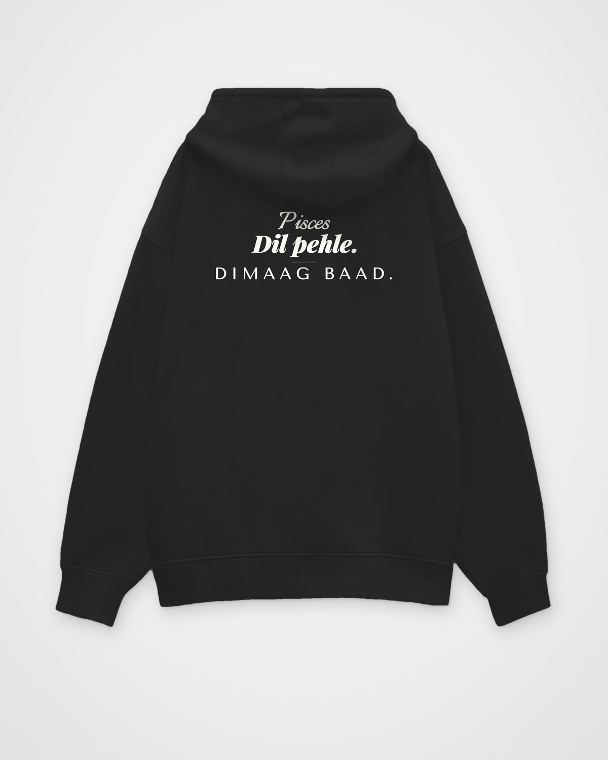 Black oversized hoodie, back view with one large print – digital mockup