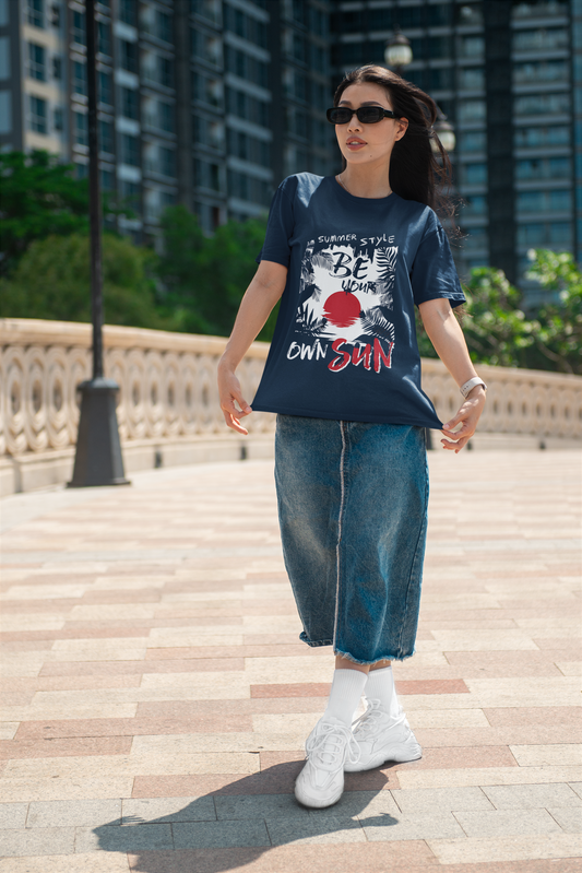 Be Your Own Sun – Oversized Navy Graphic T-Shirt for Women