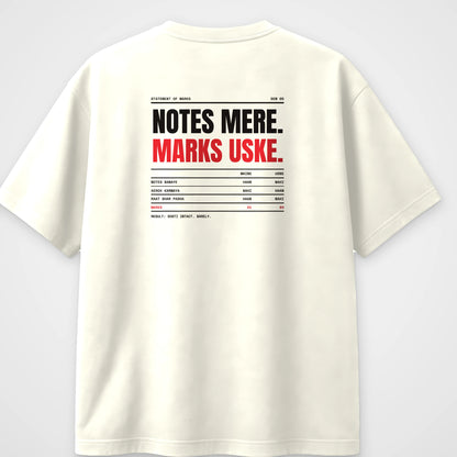Off white oversized t-shirt, back view, with a marksheet reading Notes mere, Marks uske