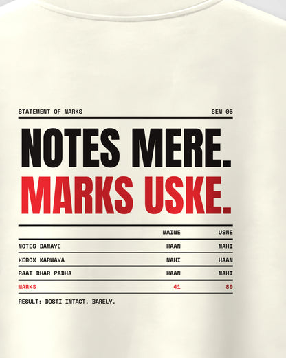 Off White Oversized T-Shirt – Notes Mere Marks Uske College Back Print – Unisex, close-up