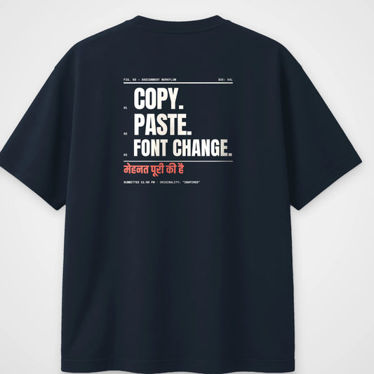 Navy blue oversized t-shirt, back view, with a three-step diagram reading Copy, Paste, Font change
