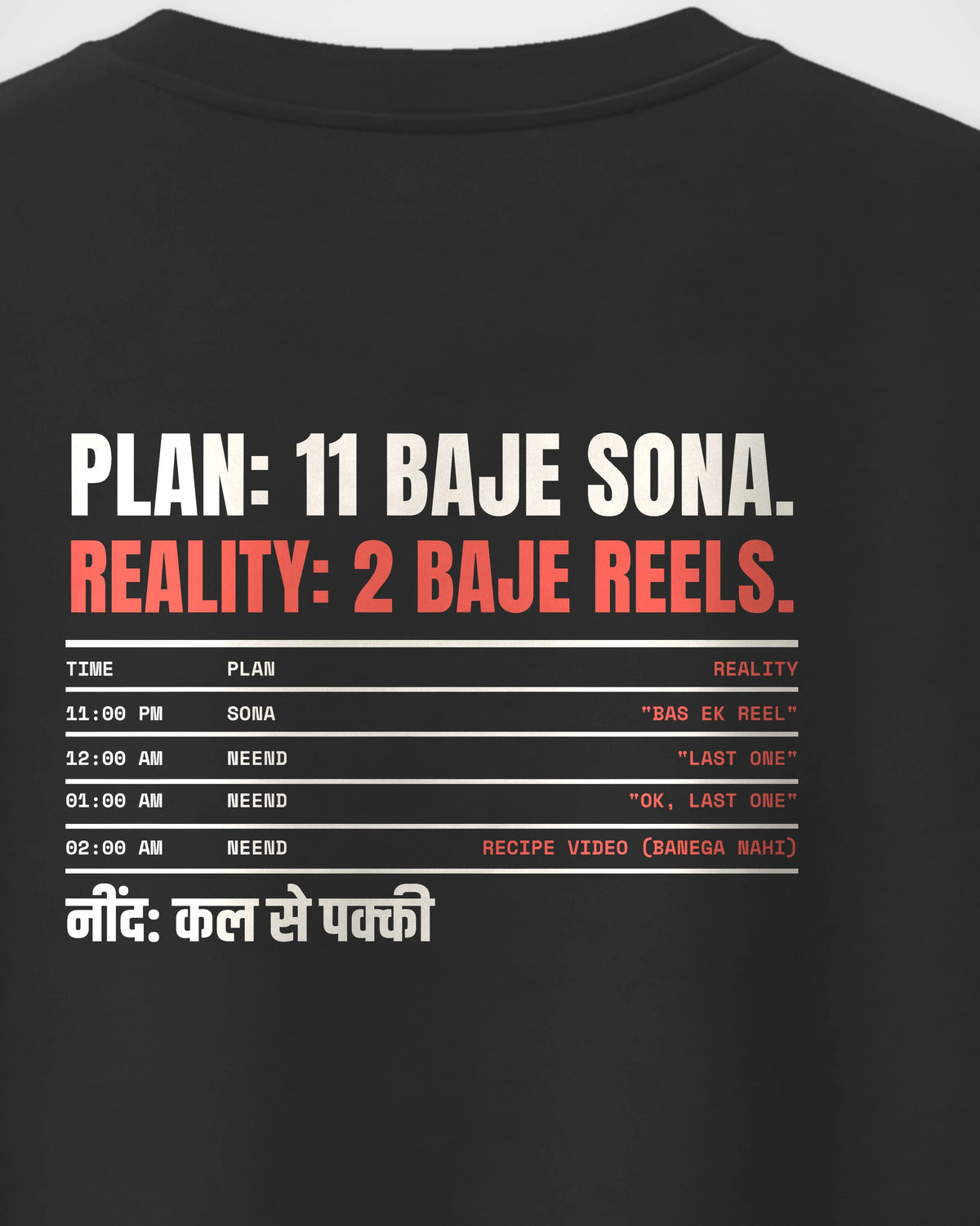 Black Oversized T-Shirt – Plan vs Reality Late Night Back Print – Unisex, close-up