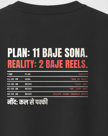 Black Oversized T-Shirt – Plan vs Reality Late Night Back Print – Unisex, close-up
