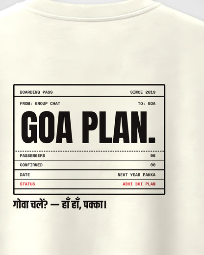 Off White Oversized T-Shirt – Goa Plan Boarding Pass Back Print – Unisex, close-up