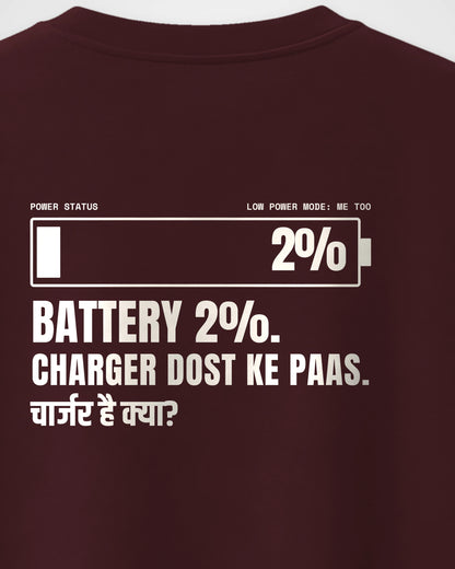 Maroon Oversized T-Shirt – Low Battery Back Print – Unisex, close-up