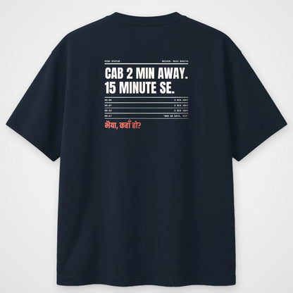 Navy blue oversized t-shirt, back view, with a ride status list reading Cab 2 min away, 15 minute se
