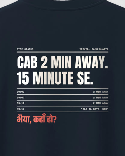 Navy Blue Oversized T-Shirt – Cab 2 Min Away Back Print – Unisex, close-up