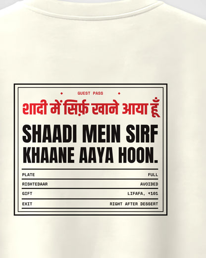 Off White Oversized T-Shirt – Shaadi Guest Pass Back Print – Unisex, close-up